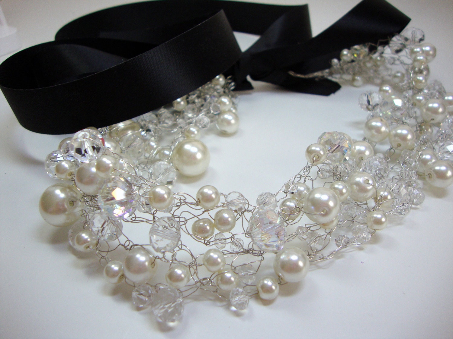 Crocheted Pearl and Crystal Bridal Wedding Necklace with Bow Closure, Formal Occasion