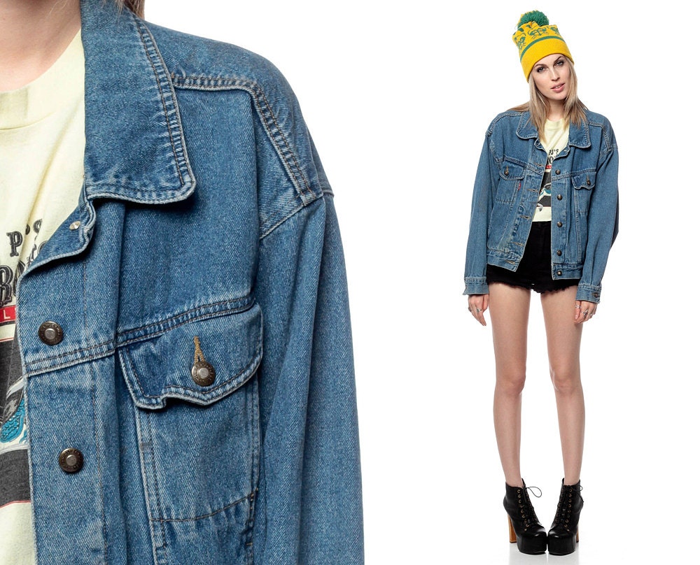 80s Denim Jacket Classic Blue Jean Cropped Oversized 1980s Vintage Button Up Hipster Crop Short Men Women Coat Extra Small Medium Large xs
