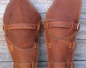 OOAK Primitive 2 tone Distressed Brown Leather Gauntlets or Bracers with Antiqued Brass Hardware