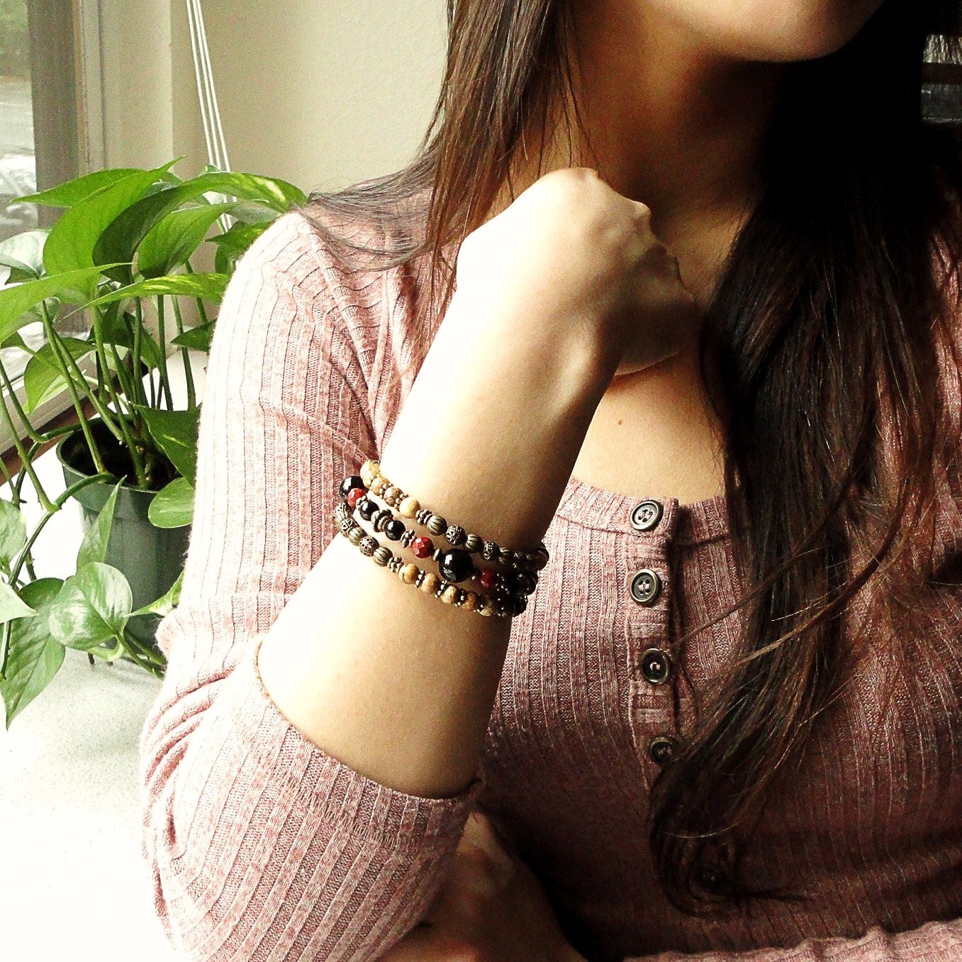 Gemstone Bangle, Beaded Memory Wire Bracelet, Black Onyx, Red Jasper, Boho, Gypsy Jewelry