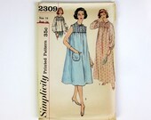 Womens Size 14 Bedjacket and Nightgown in Two Lengths 60s Simplicity Pattern 2309 / bust 34 waist 26 / Complete Uncut