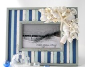 Beach Decor Seashell Frame - Nautical Barnwood 4x6 Frame w Shells, Starfish - Blues