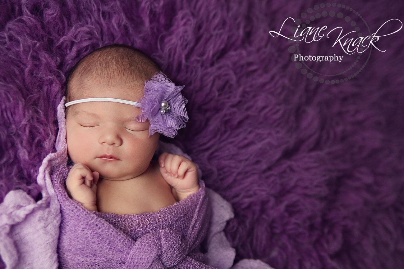 LAVENDER Tulle with Pearls and Rhinestone Flower Headband OR Clip Perfect Photo Prop - Made to Fit Newborns - Babies - Toddlers - All Ages