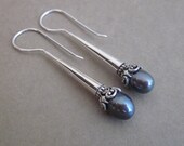 Awesome Bali Sterling Silver Gray Freshwater Pearl earrings / 1.8 inch / handmade jewelry