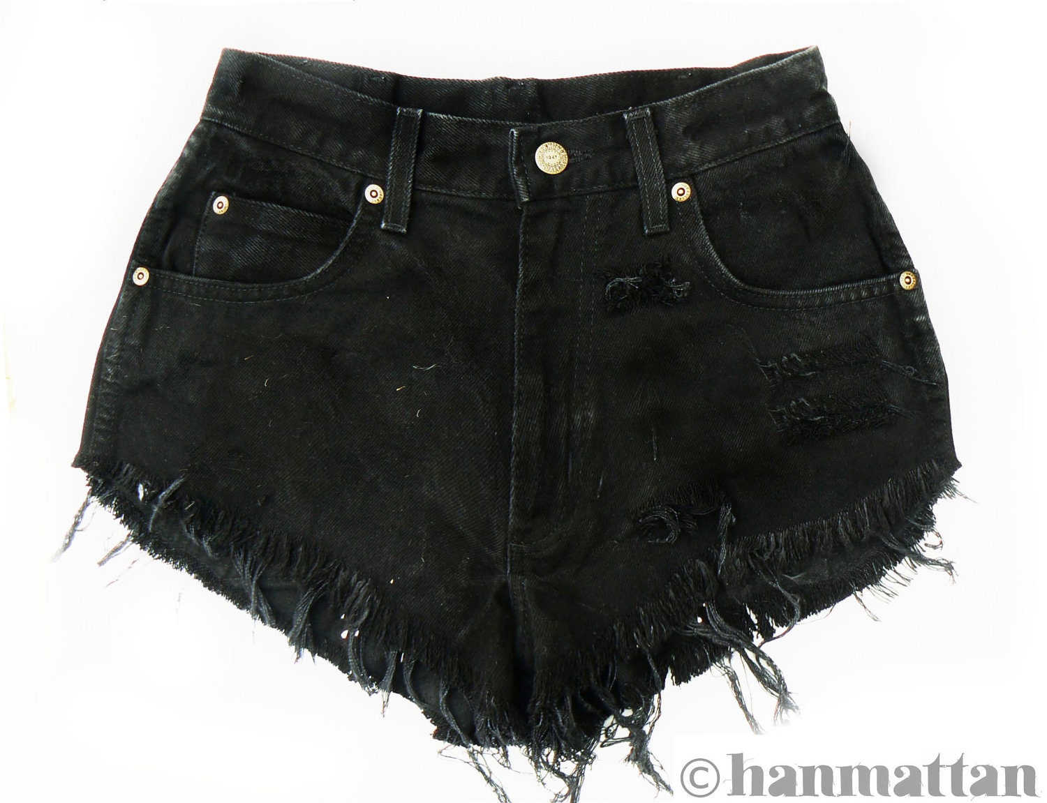 ALL SIZES "PLAINO" Vintage Levi high-waisted denim shorts black distressed frayed jeans