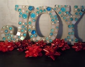 JOY - Mosaic LettersIn Turquoise & White - Easy To Hang  OOAK