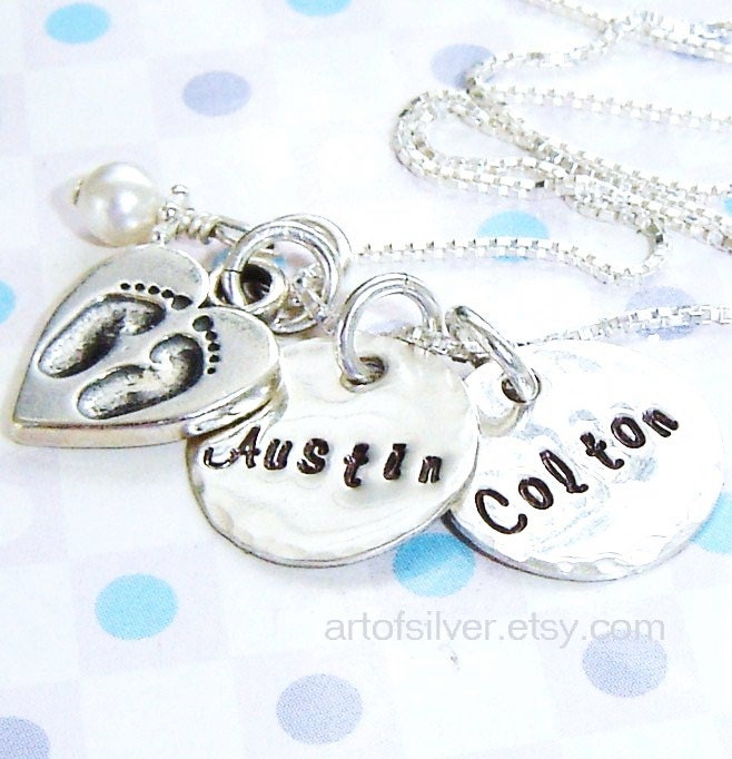 Personalized jewelry - Handstamped necklace - Mother necklace - Baby feet charms