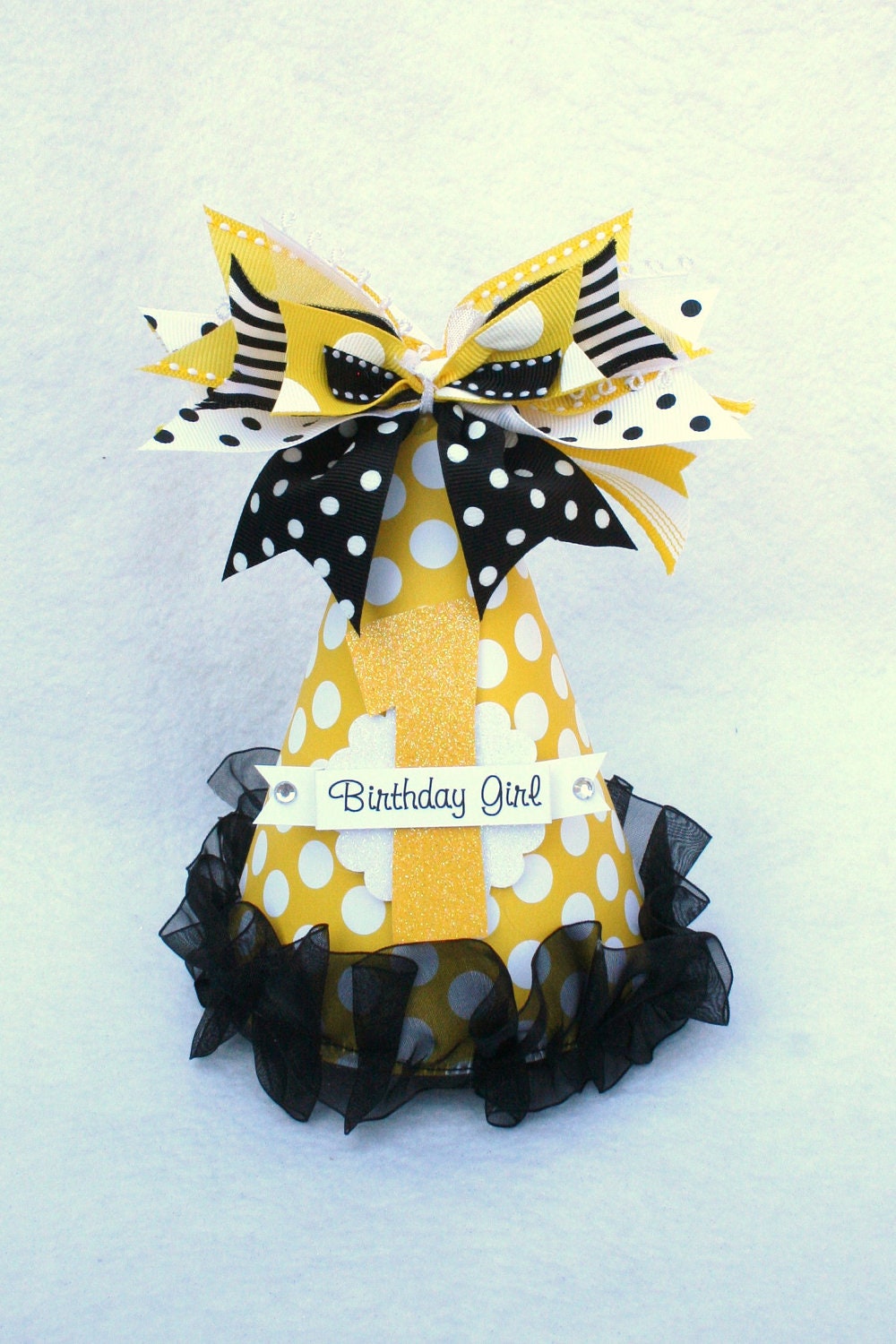 Honey Bee Birthday Party Hat in yellow black and white polka dot stripe