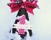Cowgirl Birthday Party Hat in Black White and Pink and polka dot cow print with gingham