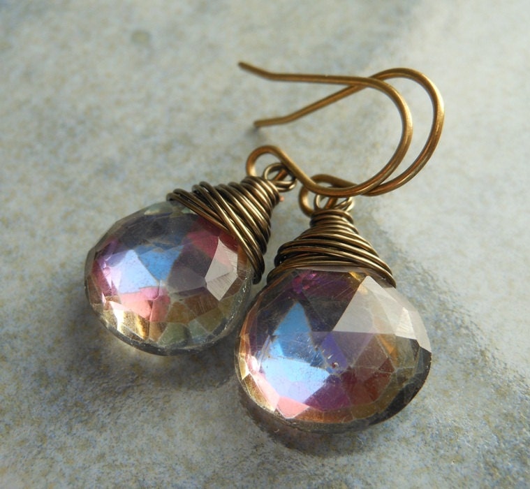 SALE Mystic Quartz Earrings, Wire Wrapped Rainbow Mystic Smoky Quartz Faceted Gemstone.  Super.