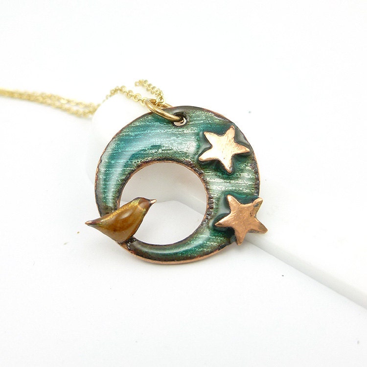 Tiny Bird & Stars on a Aqua Oval Necklace