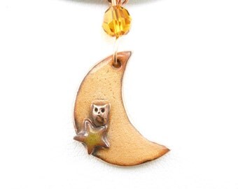 Tiniest Owl on a Cresent Moon Necklace