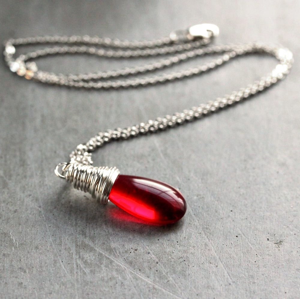 Red Necklace, Christmas Red Glass Teardrop Sterling Silver Necklace Women's Jewelry - Strawberry