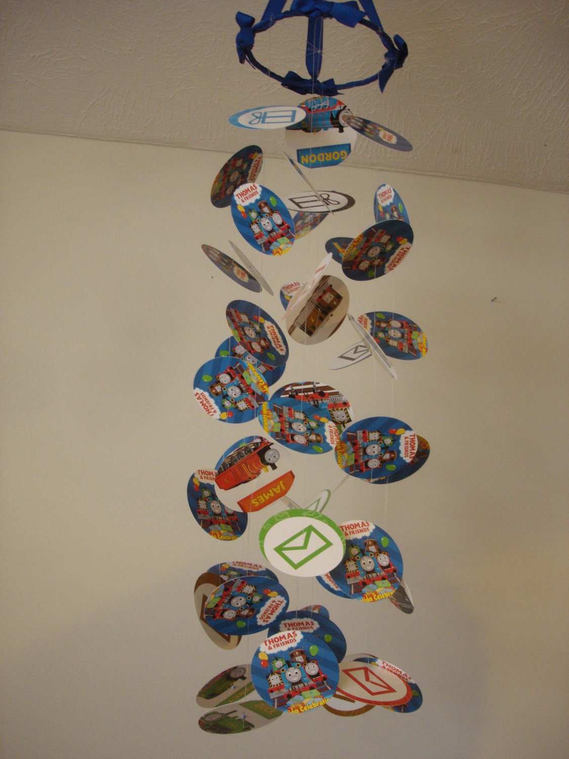 UPcycled Art Thomas the Train Recycled Flashcard Die Cut Mobile Kids Room Boys Neutral