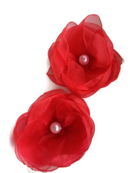 6 pieces red organza flower with white  pearls For  baby  wedding decoration bridesmaids  gift home decor accessories brooch