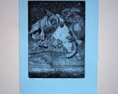 Akron 1943, Etching, copper plate. on light blue Fabriano heavy cotton paper