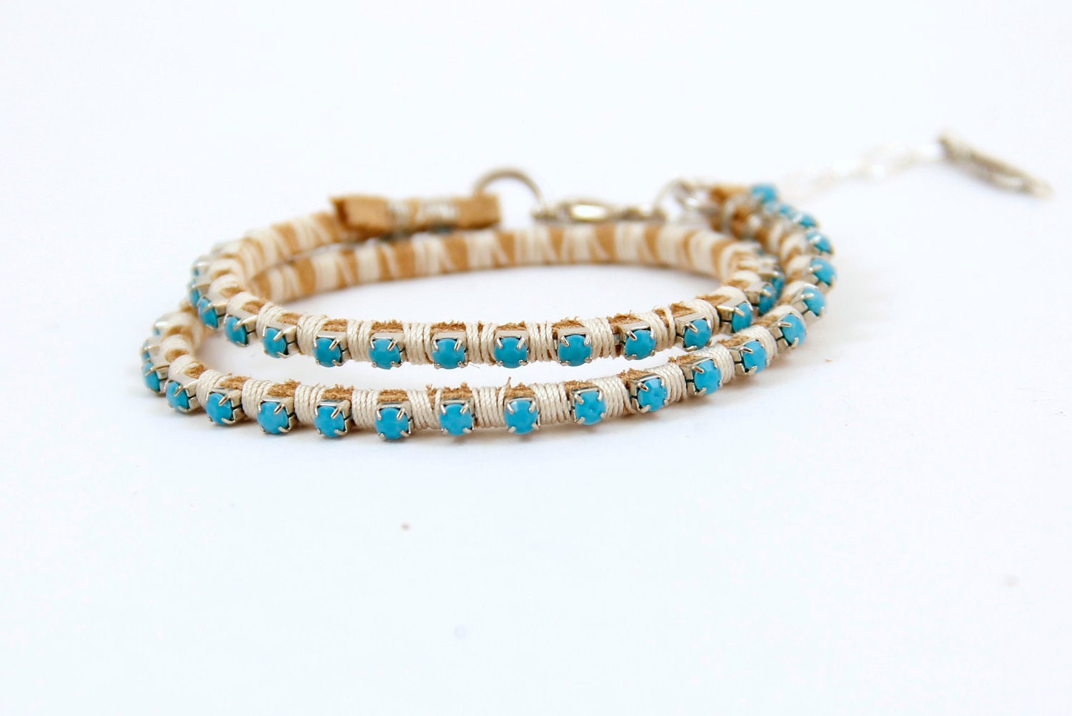 Natural Suede and Turquoise Rhinestone Double Wrap Bracelet - White