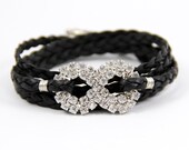 Rhinstone Infinity -- Braided Black Leather Wrap