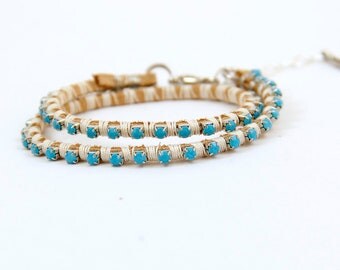 Natural Suede and Turquoise Rhinestone Double Wrap Bracelet - White