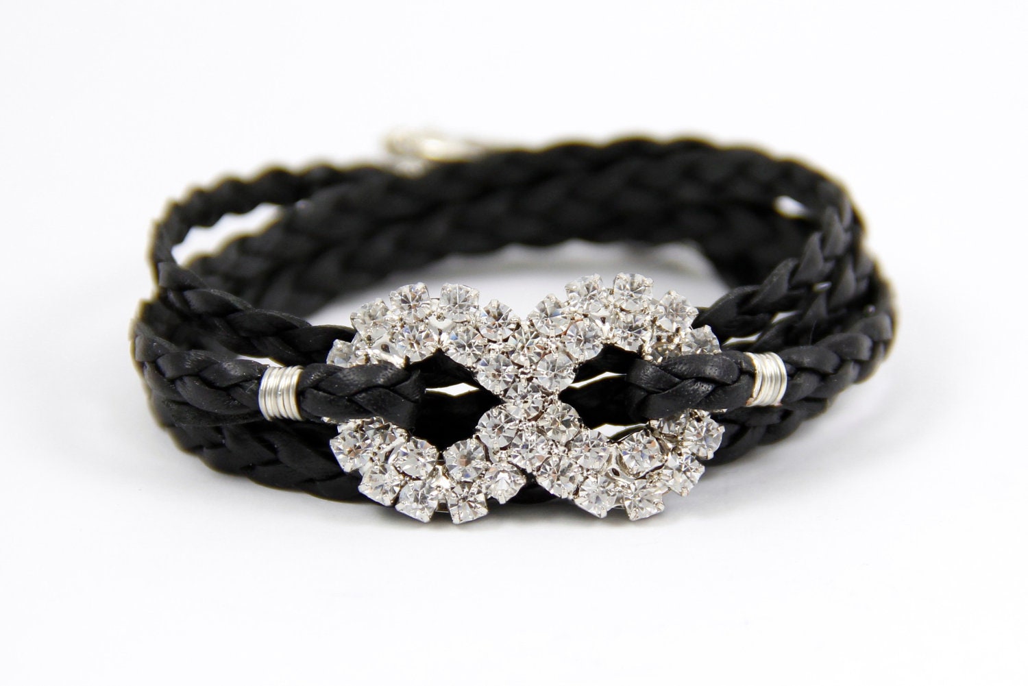 Rhinstone Infinity -- Braided Black Leather Wrap