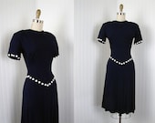 1940s Dress - Vintage 40s Bombshell Designer Navy Crepe Rayon Swing Dress Deco Button Details - Button Button