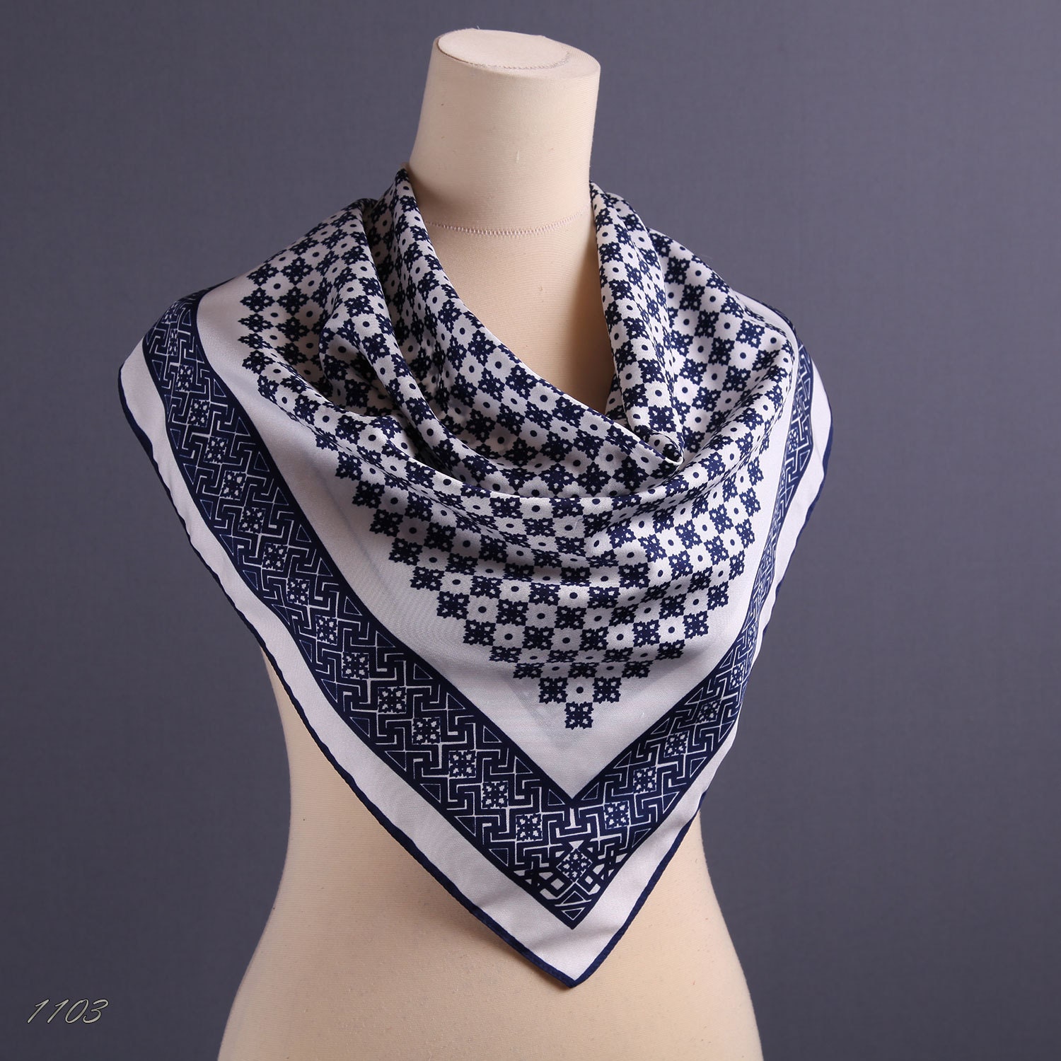 Vintage Ornamental Scarf in Navy and White/ Celtic Style Borders