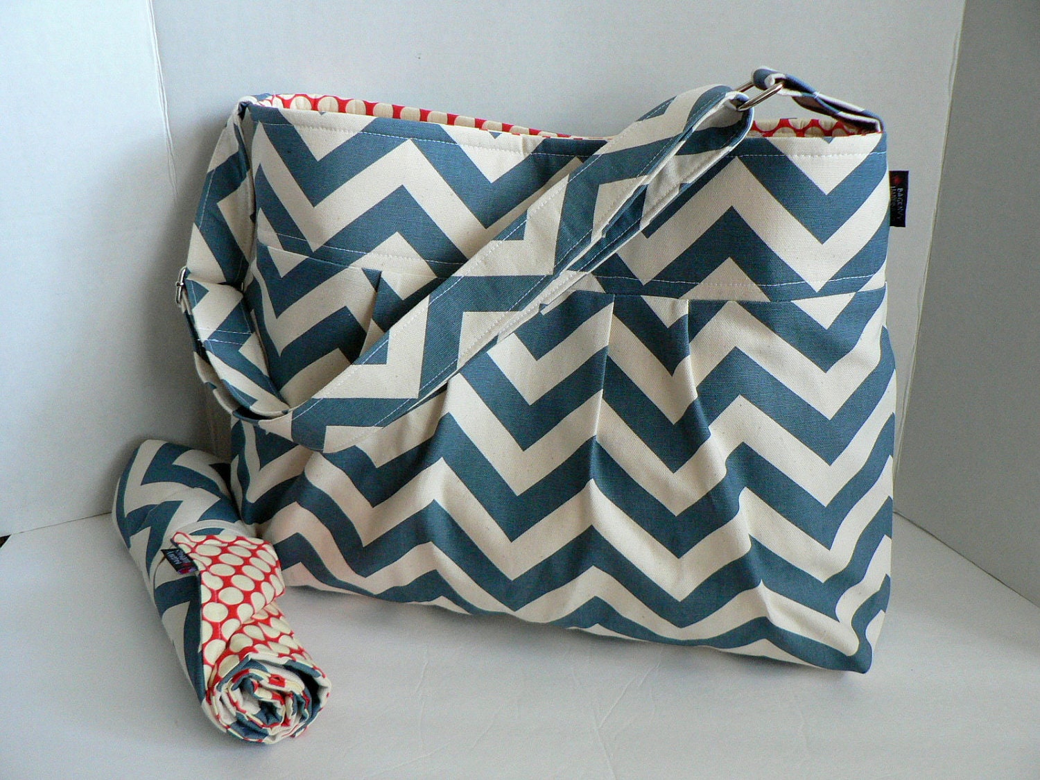 Monterey Chevron Diaper Bag Set - Medium - Blue Chevron and Cherry Dot