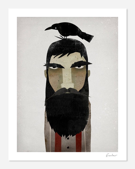 Lumberjack, Crow, and Mistletoe GRAPHIC ART Giclee print 7x9 inches SIGNED