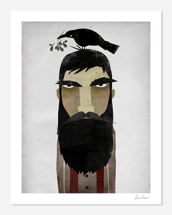 Lumberjack, Crow, and Mistletoe GRAPHIC ART Giclee print 7x9 inches SIGNED