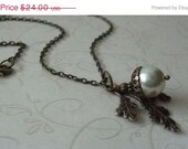 Acorn Necklace / Pearl and Brass Oak Leaf / Limited Edition / Antiqued Brass Necklace