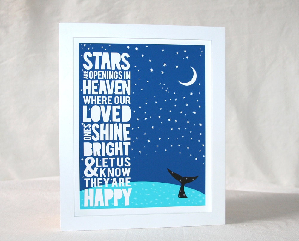 Stars are Openings in Heaven, Inuit Eskimo Proverb,  Childrens Room Art, Stars, Whale, Typography, Raw Art Letterpress