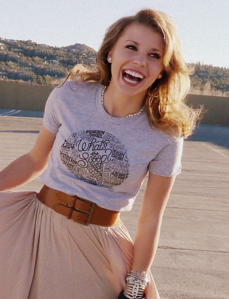 Hand lettered "What's the Scoop" Ladies tee S M L XL goes great with handmade ice cream