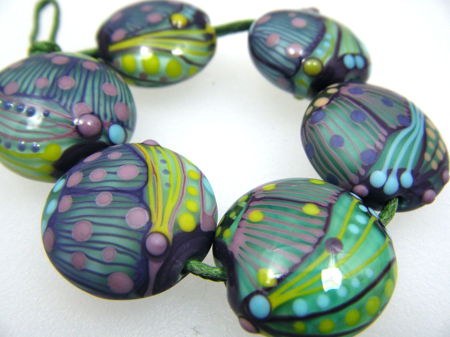 Moogin - Lampwork bead set -purple, turquoise,wasabi batik style lentils - 21mm- SRA - mooginmindy