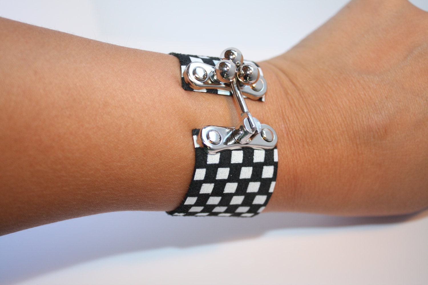 Three Ball Clasp on Black and White Checker Leather Bracelet