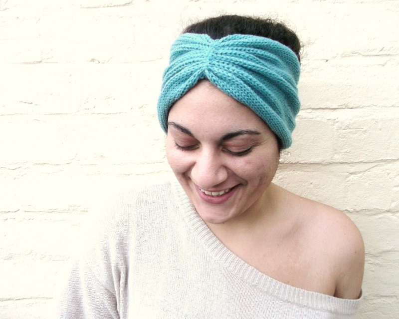 Mint green headband, womens knit turban hat, spring fashion accessory.