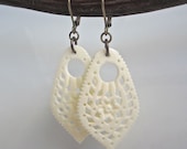 Intricate Carved Bone Teardrop Handmade Earrings - Lace Doily Vintage Ivory Antique Brass Feminine Delicate