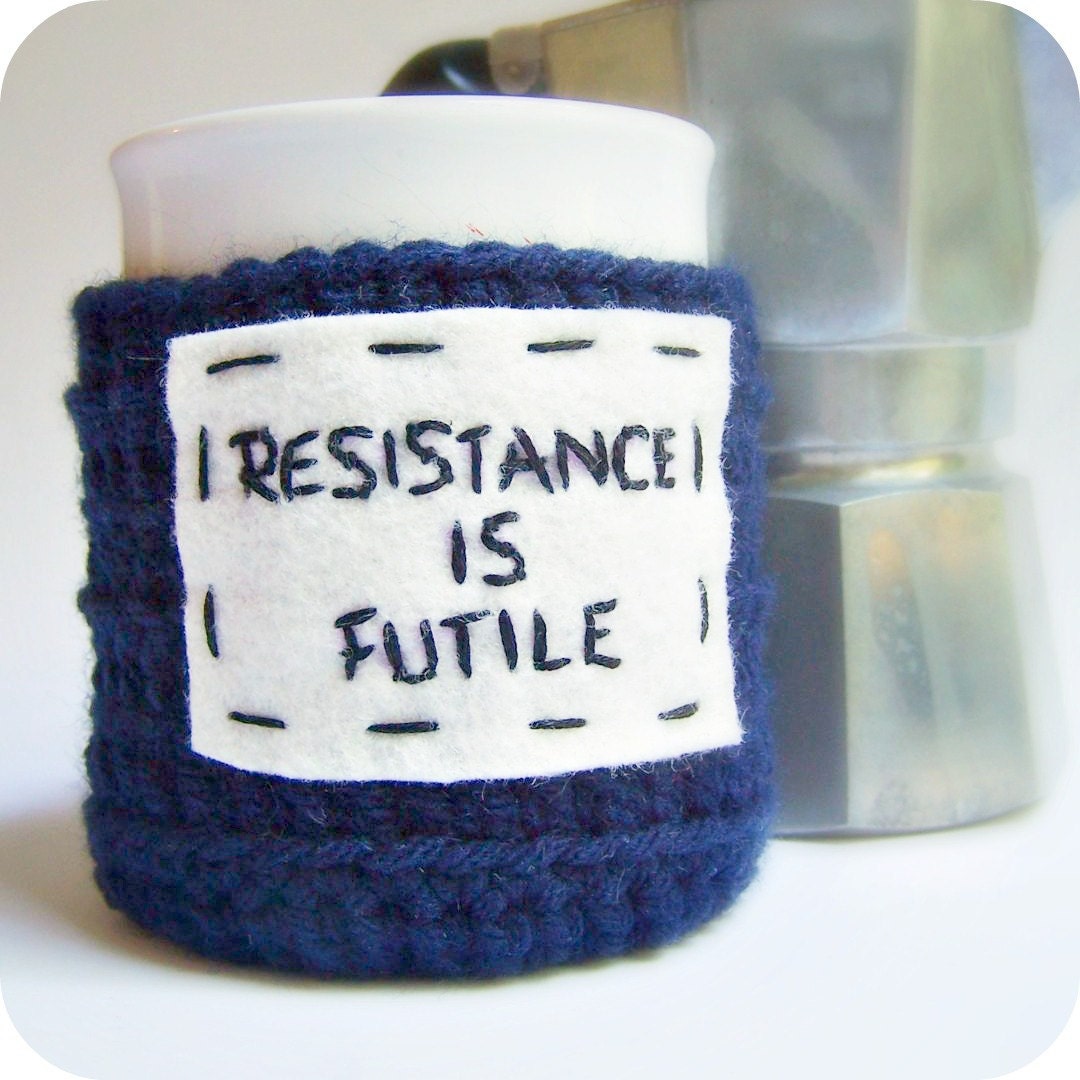 Funny coffee mug cozy tea cup Resistance is Futile star trek navy white black crochet cover
