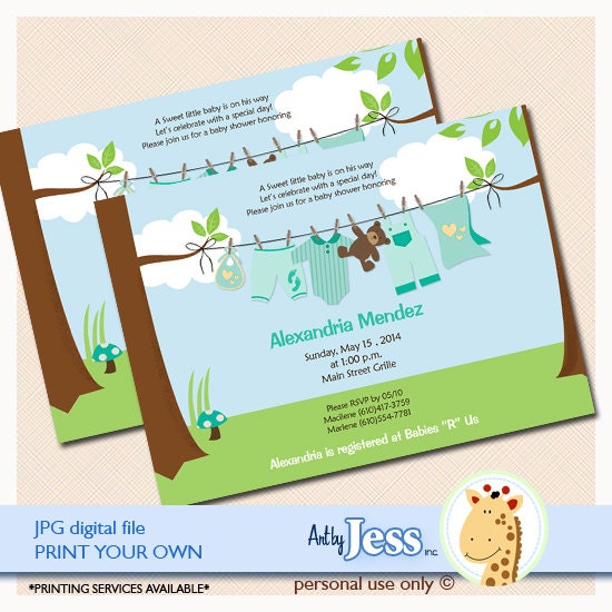 Clothesline Baby Shower Invitatons, Print Your Own Digital JPG File Baby Shower, Choose Pink, Green or Blue
