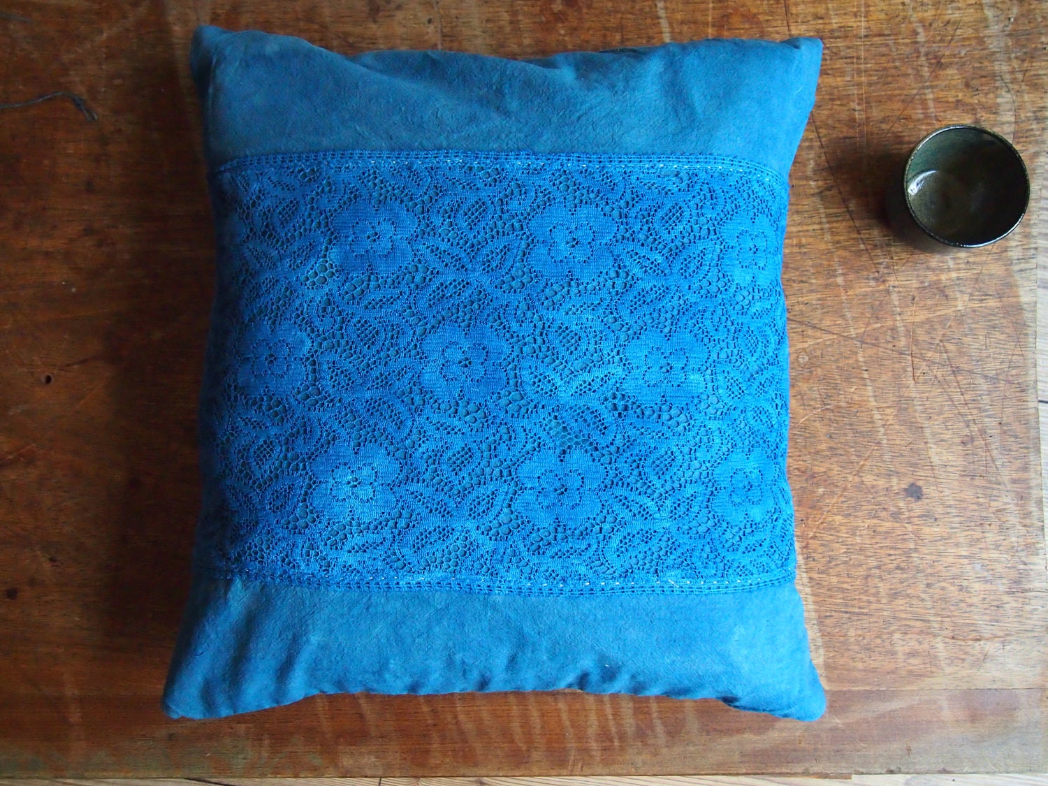 Handmade hand dyed blue lace cushion cover ticking 18 x 18 Octavi