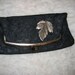 Vintage Black Purse with gold Leaf Brooch attached.  Clutch, bag, evening purse.
