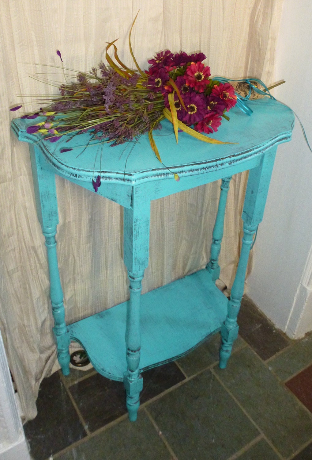 Demi-lune Vintage Primitive Turquoise Painted Furniture Poppy Cottage