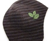 Merino Wool Baby Hat- Brown and Blue Stripes with Green Leaves, size 6 to 12 months