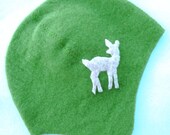 Soft Wool Baby Hat- Green with a White Deer, size newborn