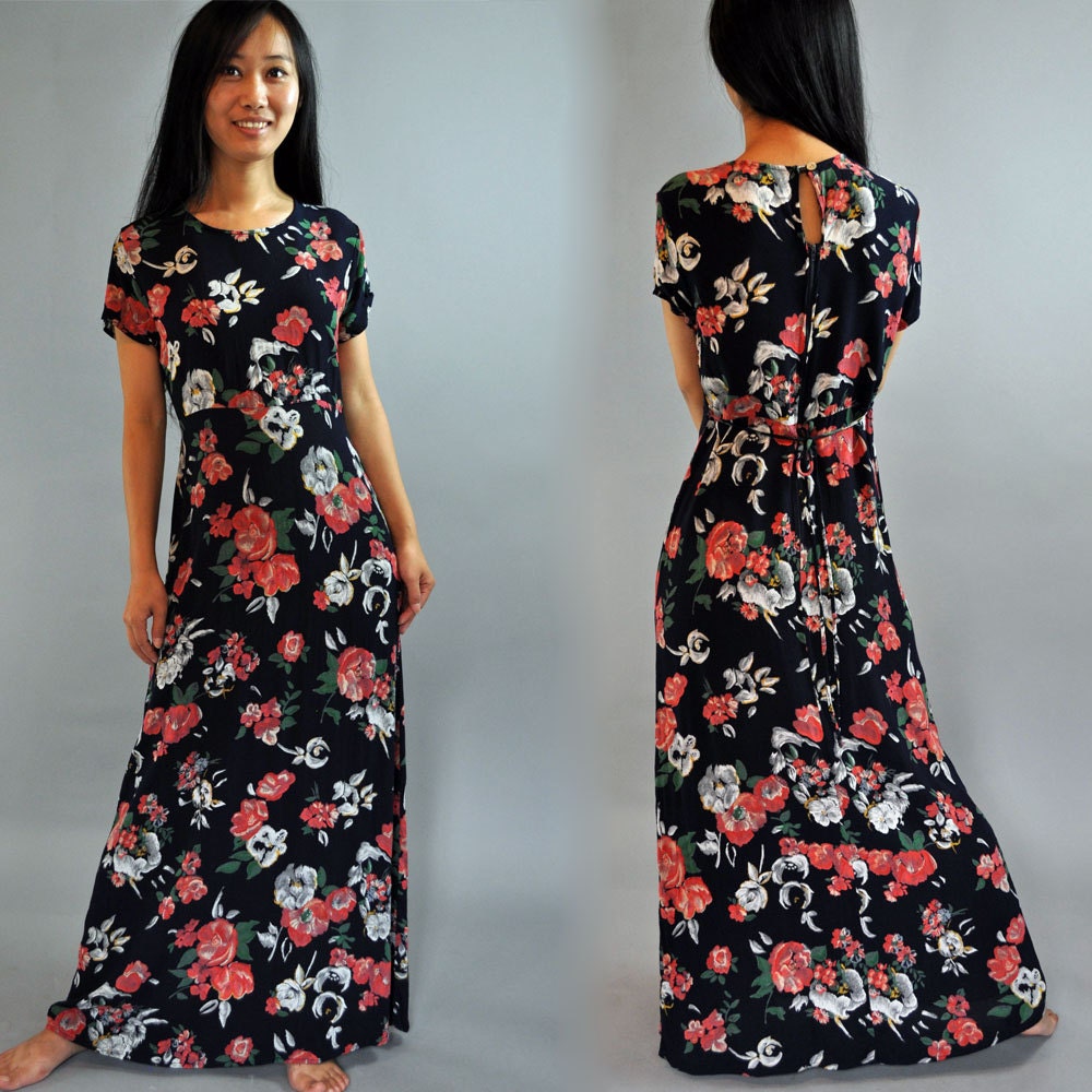 Floral Bohemian Maxi Dress / 80s Vintage Empire Waist Hippie Dress / Hipster Babydoll Floral Grunge Maxi Dress XS / S
