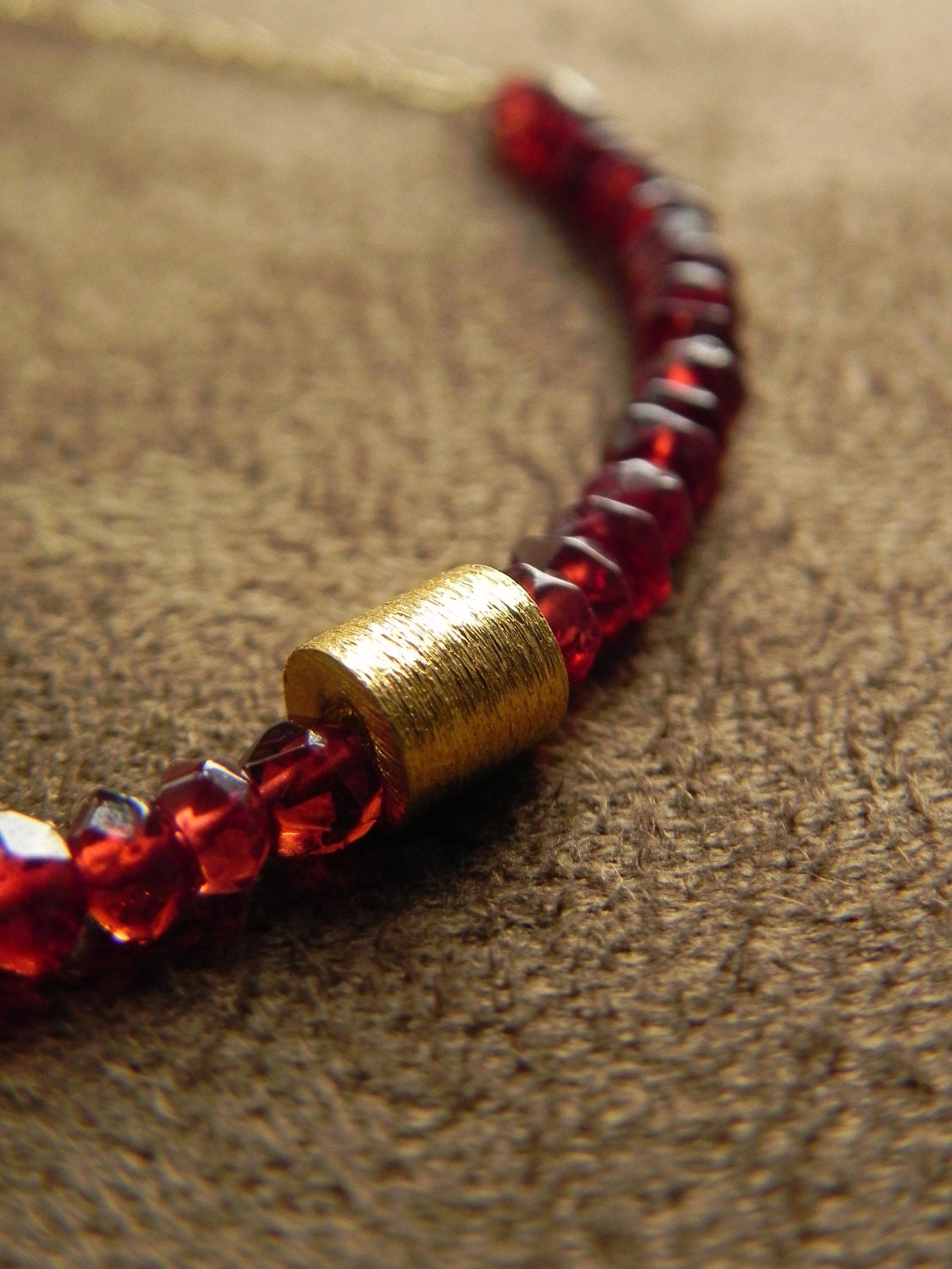 Large Garmet Rondelle and Vermeil Block Necklace with Gold Filled Chain