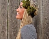 Olive Green Bow Headband with Natural Vegan Coconut Shell Buttons - Adjustable