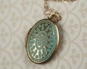 LONG Small Blue Ornate Locket Necklace, Oval Aqua Pendant, Delicate, Light Blue, 14kt Gold Filled Chain, Simple and Long Fashion