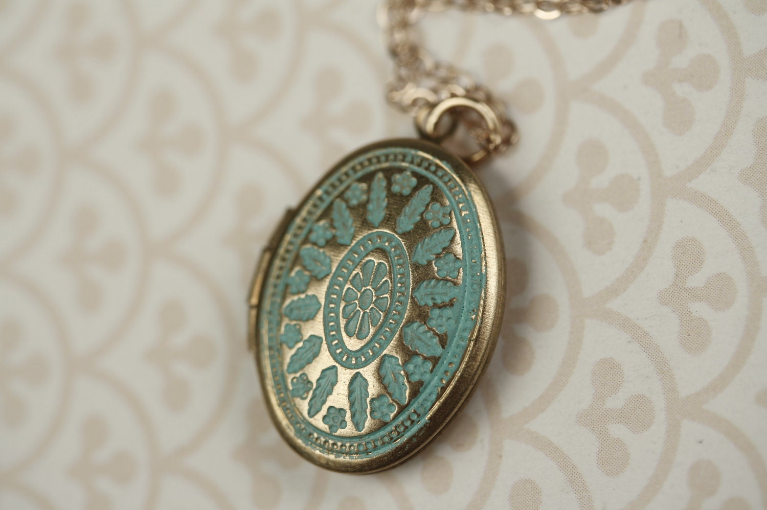 LONG Small Blue Ornate Locket Necklace, Oval Aqua Pendant, Delicate, Light Blue, 14kt Gold Filled Chain, Simple and Long Fashion