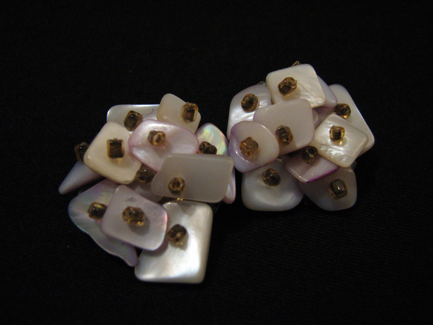 Antique  Purple and White Abalone Shell Beaded Round Cluster Clip Earrings