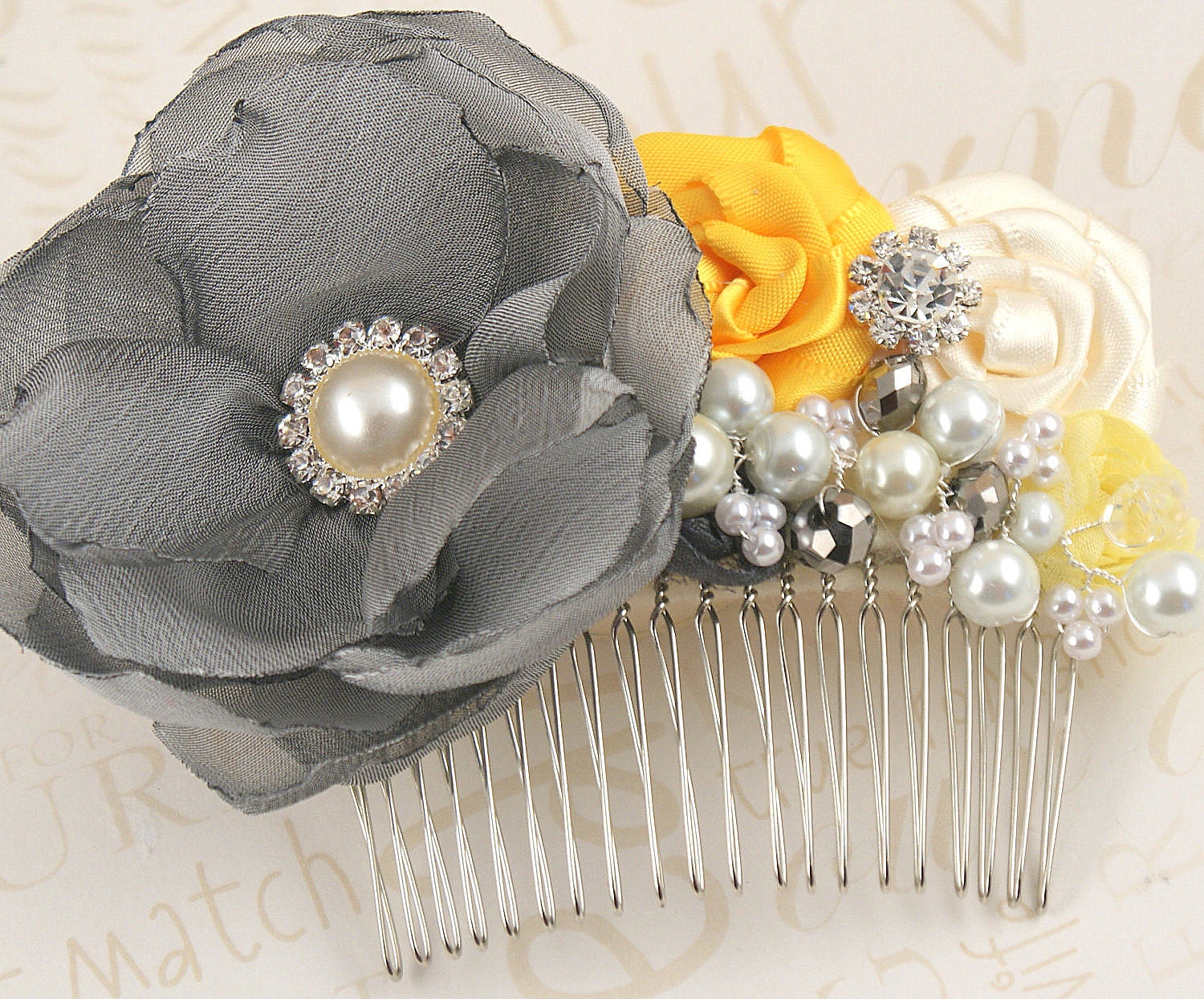 Bridal Hair Comb - Fascinator in Yellow, Silver and Grey with Chiffon, Satin, Pearls and Jewels